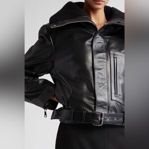 Victoria Beckham Black Leather Biker Jacket Funnel Neck NWT 0704